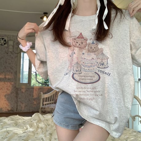 Tシャツ 半袖 クマちゃんプリント かわいい トップス クルーネック オーバーサイズ 半袖Tシャツ ルーズ ゆったり カジュアル 韓国ファッション レディース DTC-706291049823