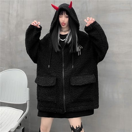 悪魔の角 フード ボアジャケット ボアブルゾン ラムウール 韓国ファッション レディース ボアパーカー ゆったり アウター 大人可愛い ガーリー DTC-630246238892