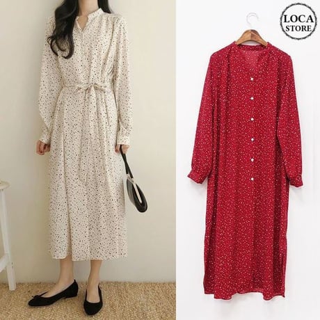 レディース ドット柄 カシュクールワンピース 春 レトロ 長袖 Vネック シャツワンピース 韓国ファッション オルチャン (DCT-584482879562)