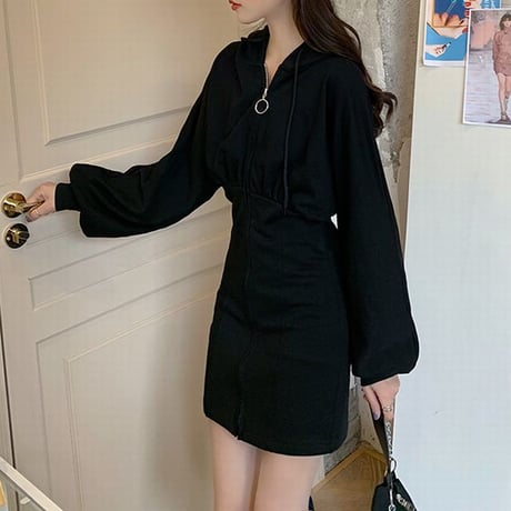 パーカーワンピース ジップアップ ミニワンピース 薄手 ルーズ ハイウエスト 長袖 レトロ 韓国ファッション レディース 大人可愛い ガーリー カジュアル DTC-682606513025
