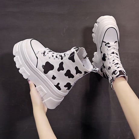 厚底キャンバススニーカー 22.5～24.5cm ハイカット シューレース サイドファスナー ベーシック カジュアル 大人可愛い ガーリーDTC-650901386927