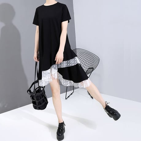 アシンメトリー ワンピース ドット柄レース 半袖 韓国ファッション レディース ドット柄 レース メッシュ ゆったりウエスト ロング 大人カジュアル 大人可愛い 620113017197
