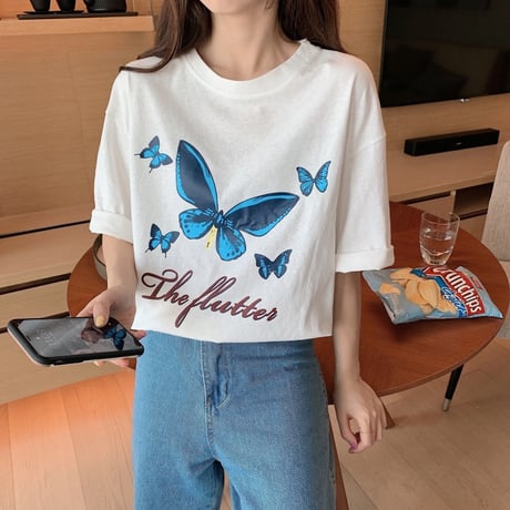 Tシャツ 半袖 韓国ファッション レディース レディースファッション 蝶 バタフライ オーバーサイズ ゆったり 大きめ ストリート DTC-616679627248