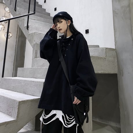 ユニセックス パーカー レースアップ メンズ レディース 編み上げ 長袖 オーバーサイズ 大きめ ルーズ カジュアル ストリート ファッション DTC-625912190166