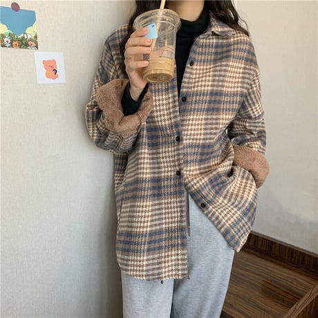 裏起毛 チェック柄 シャツ アウター チェックシャツ 長袖 厚手 暖かい レトロ 韓国ファッション レディース  カジュアル もこもこ ゆったり ボア おしゃれ DTC-658487637007