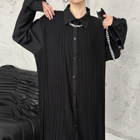 プリーツ シャツワンピース 襟付き ロングワンピース シャツワンピ プリーツワンピース 体型カバー ビッグシャツ ルーズ 長袖 レトロ 大人可愛い ガーリー DTCA-828552000879
