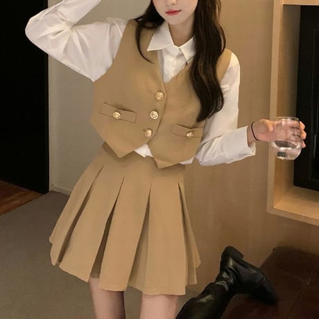3点セット シャツ ベスト プリーツスカート ハイウエスト レトロ セットアップ 韓国ファッション レディース  大人可愛い ガーリー フェミニン DTC-655988533992