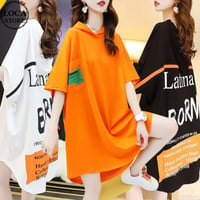 Tシャツ ワンピース パーカー ロングTシャツ フードTシャツ フード付き ゆったり 半袖 レトロ 韓国ファッション レディース 大人可愛い ガーリー カジュアル DTC-669585218614