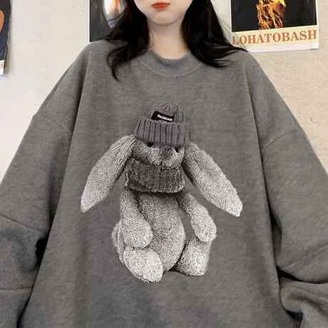 トレーナー うさぎ ラビット スウェット 厚手 オーバーサイズ 長袖 ゆったり レトロ 韓国ファッション レディース 大人可愛い ガーリー カジュアル DTC-659139065147
