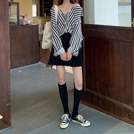 ストライプ柄 シャツ ブラウス オフショルダー 長袖 韓国ファッション レディース 折り襟 ルーズ かわいい ガーリー (DTC-624283952292)