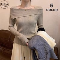 リブニット スクエアネック 2way オフショルダー トップス ワンショルダー スリムフィット タイト 長袖 レトロ 大人可愛い ガーリー カジュアル DTCA-835849492642