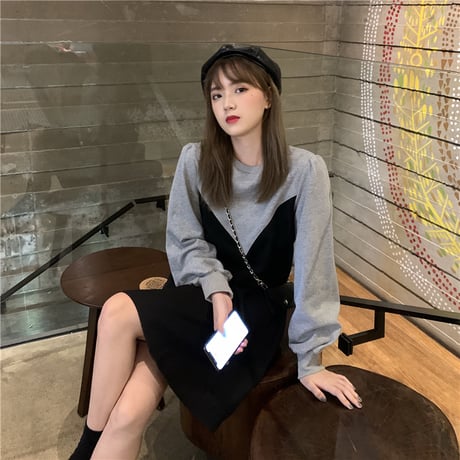 ワンピース フェイクレイヤード 長袖 ゆったり 韓国ファッション レディース ドッキングワンピース ラウンドネック 伸縮性ウエスト Aライン 大人可愛い ガーリー DTC-626497841493