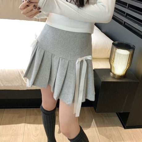 リボン プリーツスカート ウールスカート ミニスカート ハイウエスト スカート Aライン レトロ 韓国ファッション レディース 大人可愛い ガーリー DTC-757249344730