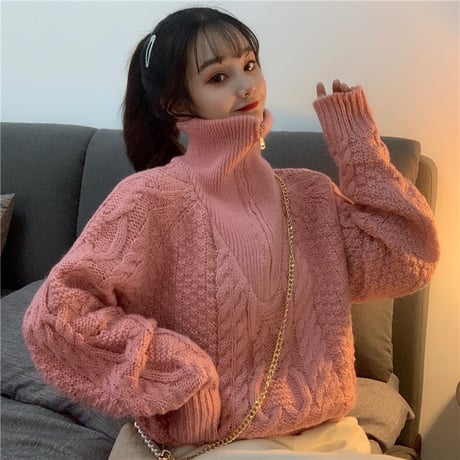 プルオーバー ハーフジップアップ ニット セーター ピンク 韓国 ファッション レディース ケーブル編み オフショルダー ハイネック (DTC-606566990698)