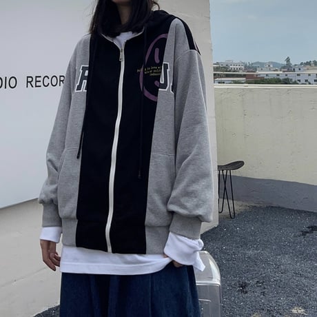ユニセックス バイカラー パーカー ジップアップ 長袖 オーバーサイズ ゆったり 韓国ファッション レディース カジュアル ストリートファッション DTC-652745978761