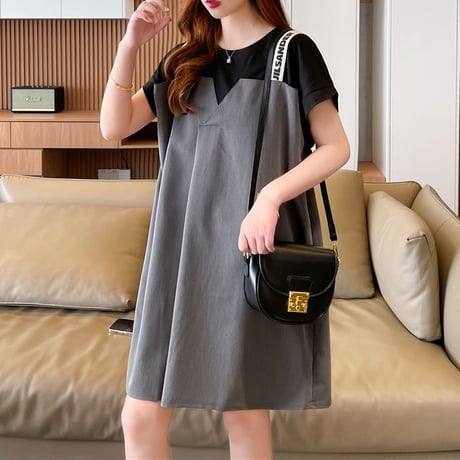 フェイクレイヤード ワンピース Tシャツ ドッキングワンピース ルーズ ゆったり プルオーバー 半袖 レトロ 韓国ファッション レディース 大人可愛い ガーリー DTC-703970746662