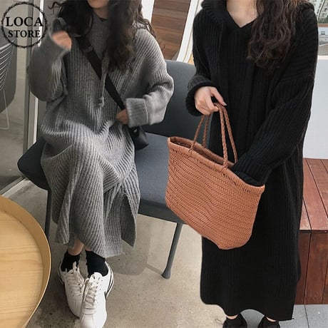 フード付き ニットワンピース サイドスリット リブニット ルーズウエスト ロングワンピース 長袖 レトロ 韓国ファッション レディース 大人可愛い ガーリー DTC-690589174421