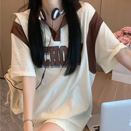 ポロシャツ バイカラー レタープリント オーバーサイズ 半袖 ルーズ 韓国ファッション レディース 大人可愛い ガーリー カジュアル 韓国ストリートファッション DTC-678528798929