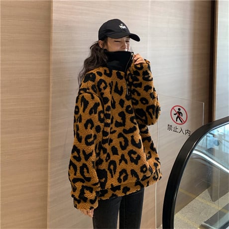 レオパード ボア プルオーバー ハーフジップ ラムウール 韓国ファッション レディース トップス ヒョウ柄 フリース もこもこアウター 大人カジュアル DTC-629477775602