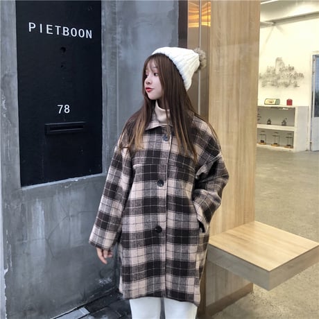 チェックコート シングルブレスト 韓国 ファッション レディース コート チェック柄 アウター ウールコート シングルブレスト レトロ (DTC-603665766891)