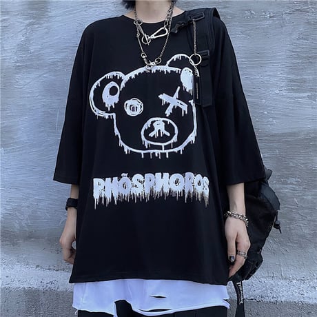 ユニセックス Tシャツ 半袖 メンズ レディース ラウンドネック クマちゃん ベアー プリント オーバーサイズ 大きいサイズ ルーズ ストリート TBN-620728922722