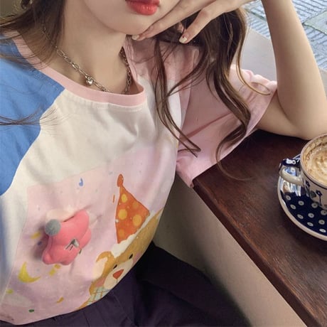 Tシャツ 立体スター クマちゃんプリント バイカラー ラグランスリーブ 半袖 オーバーサイズ トップス レトロ 韓国ファッション レディース 大人可愛い ガーリー DTC-773427210950