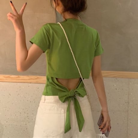バックリボン tシャツ バックレス ウエスト見せ ショート丈 クルーネック 半袖 トップス レトロ 大人可愛い ガーリー カジュアル DTCA-732666685652