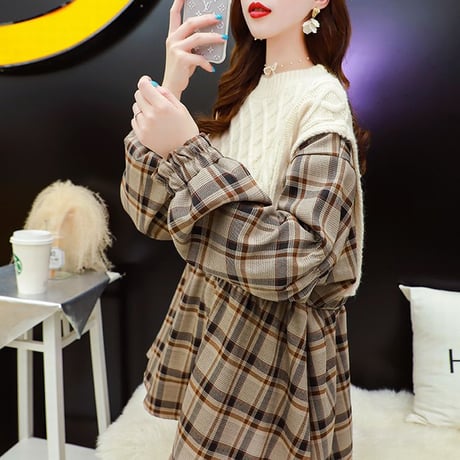ドッキングトップス ケーブル編み ニット ＋ チェック チュニック ブラウス 韓国ファッション レディース フェイクレイヤード 大人カジュアル ガーリー DTC-625594971753