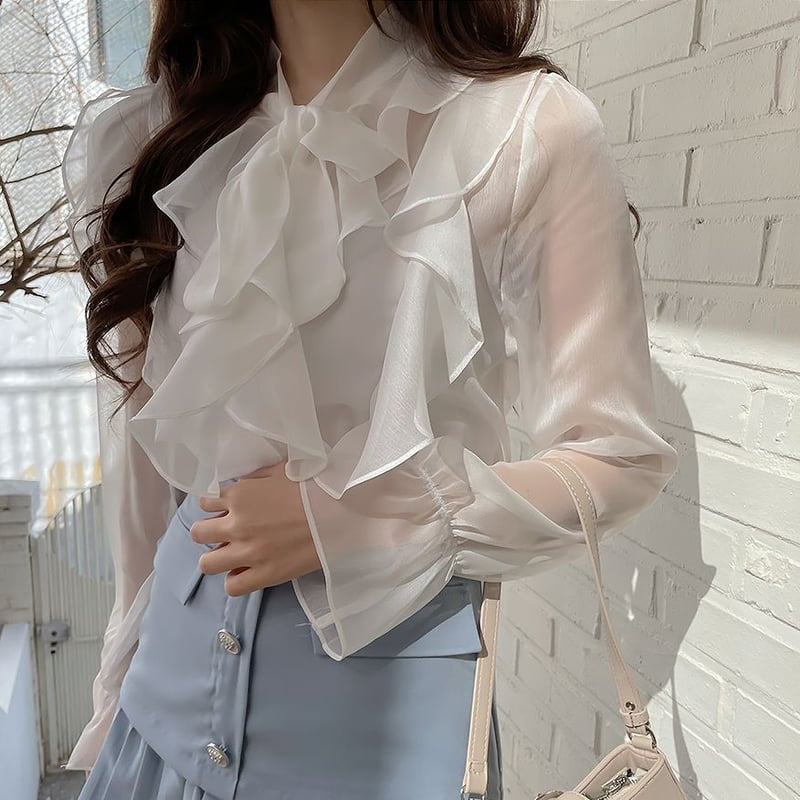 シアーブラウス フリル レース シースルー ベルスリーブ