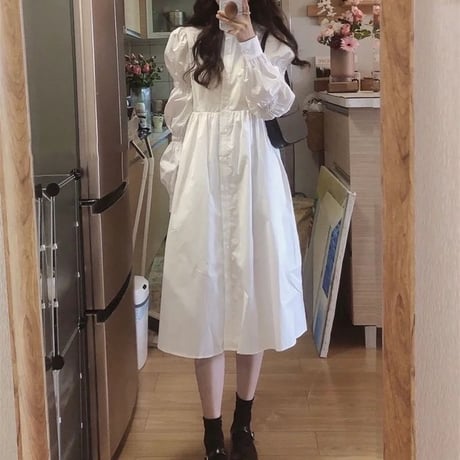 シャツワンピース ブラウスワンピース パフ袖 Aライン ウエストマーク ロング丈 長袖 ハイウエスト 大人可愛い ガーリー DTC-655003308597