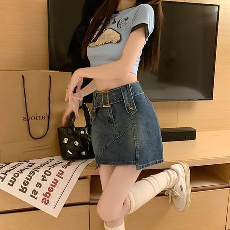 デニムスカート ベルト付 インナーパンツ 不規則デザイン ハイウエスト デニム ミニスカート レトロ 韓国ファッション レディース 大人可愛い ガーリー カジュアル DTC-675624432030