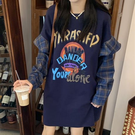 重ね着風 トップス フェイクレイヤード Tシャツ 切替 チェック柄 長袖 韓国ファッション レディース 大人可愛い ガーリー カジュアル ストリートファッション DTC-682533529922