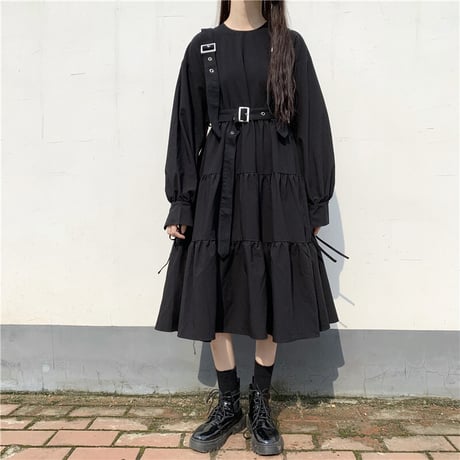 サスペンダーストラップ付き ワンピース リボンスリーブ クルーネック ハイウエスト 長袖 韓国ファッション レディース 大人可愛い ガーリー DTCA-649488736694