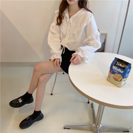 ブラウス リボン フリル パフ袖 Vネック 長袖 韓国ファッション レディース 大人可愛い ガーリー フェミニン DTC-640526555584