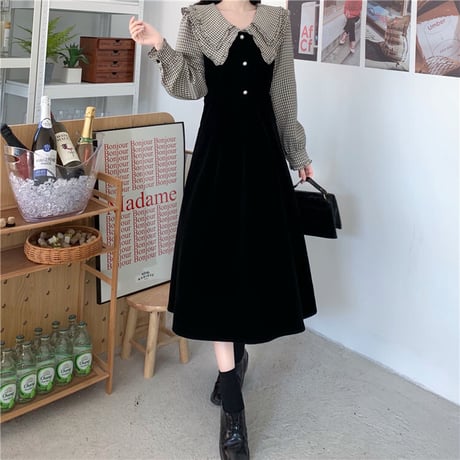 フェイクレイヤード ワンピース ドッキングワンピース チェック柄 ブラウス 大きい襟 長袖 レトロ 韓国ファッション レディース 大人可愛い ガーリー フェミニン DTC-661088581788