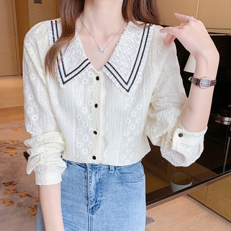 花柄レース ブラウス シャツ 透かし彫り クエーカーカラー 花柄 大きい襟 シフォン 長袖 レトロ 韓国ファッション レディース 大人可愛い ガーリー フェミニン DTC-655511274022