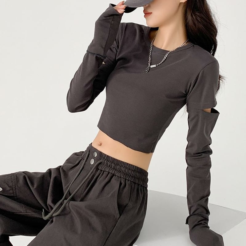 カットアウト Tシャツ クロップド丈 クルーネック ロンT トップス