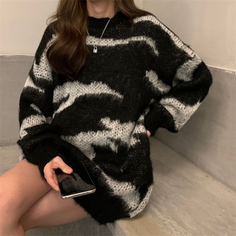 ゼブラ柄 ニット ニットセーター プルオーバー モヘア ラウンドネック 長袖 ルーズ ゆったり レトロ 韓国ファッション レディース 大人可愛い ガーリー DTC-657324217477