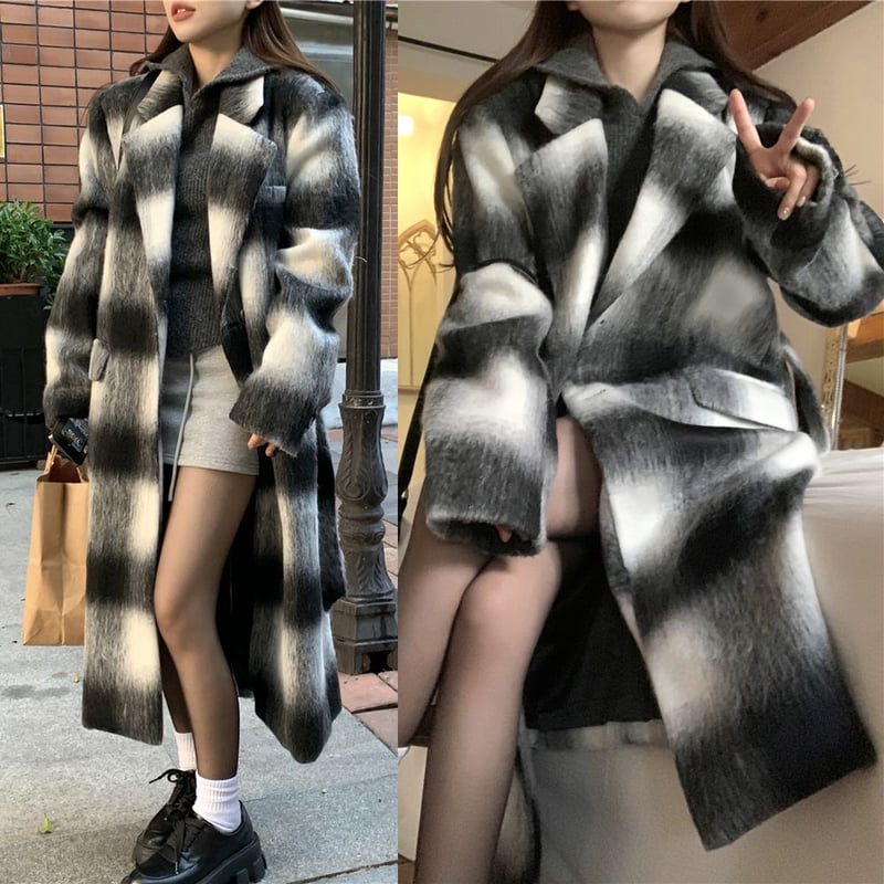 【K様 激レア】ラブルール 圧縮ウール チェック ロングコート フランス製 L K様 激レア】ラブルール 圧縮ウール チェック ロングコート