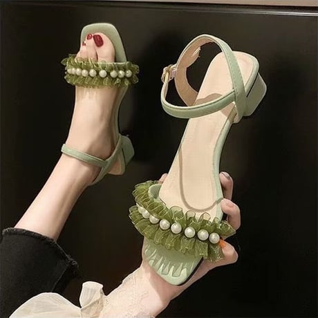 サンダル イミテーションパール チャンキーヒール 5cm スクエアトゥ アンクルストラップ 韓国ファッション レディース 痛くない かわいい 靴 歩きやすい 612819405931