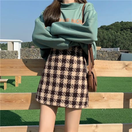 チェック柄 ウール混 タイトミニスカート 韓国ファッション レディース ミニスカート ハイウエスト 大人可愛い ガーリー DTC-630293926918