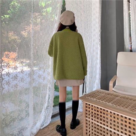 もこもこカーディガン ボア 韓国ファッション レディース カーディガン アウター 暖かい フェイクムートン ドロップショルダー ボアジャケット 大きいポケット (DCT-604923682357)