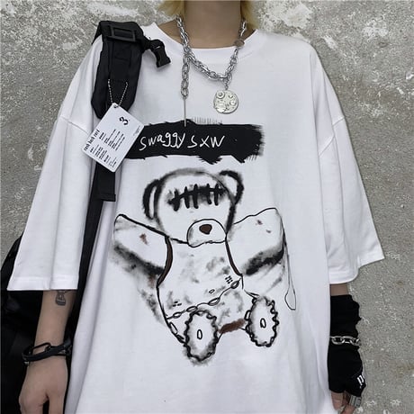 ユニセックス Tシャツ 半袖 ドロップショルダー ダーティーベア オーバーサイズ 韓国ファッション メンズ レディース トップス 暗黒系 ストリートファッション DTC-621077252226