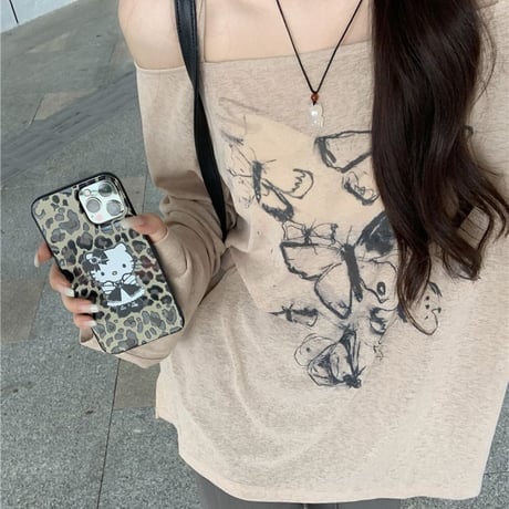 Tシャツ 長袖 薄手 オフショルダー バタフライプリント 肌見せ トップス ルーズ ゆったり カジュアル レトロ 韓国ファッション レディース 大人可愛い ガーリー DTC-737314333337