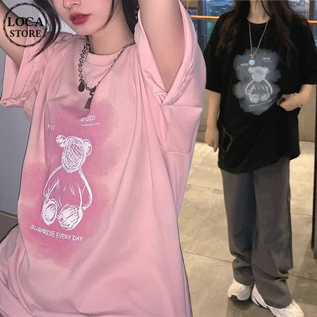 Tシャツ 半袖 クマちゃん ベアー プリント ラウンドネック オーバーサイズ 韓国ファッション レディース 大きめ ガーリー カジュアル ストリートファッション DTC-646471922876