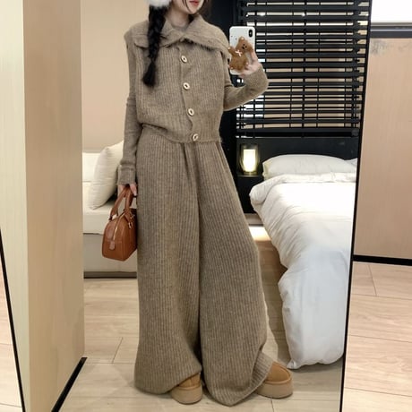 セットアップ ニット 3点セット ベスト ニットセーター ワイドパンツ ウエストゴム 長袖 レトロ 韓国ファッション レディース 大人可愛い ガーリー DTC-766365302484