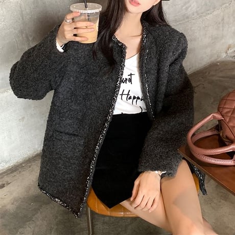 ノーカラー ウールジャケット ショートコート フェイクラムウール ウールコート アウター 長袖 レトロ 韓国ファッション レディース 大人可愛い ガーリー DTC-751959541236