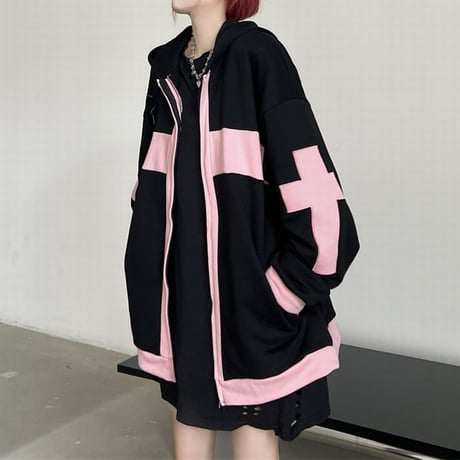 ユニセックス パーカー ジップアップ バイカラー クロスデザイン オーバーサイズ カジュアル 韓国ファッション メンズ レディース 韓国ストリートファッション DTC-681105858978