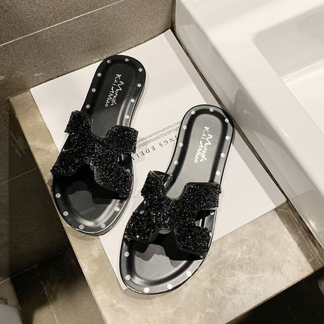 【Soervimy】 ラインストーン ラバーサンダル サンダル Hタイプ フラット 韓国ファッション レディース 海 ビーチ プール 梅雨 雨 ラバー 597339481040