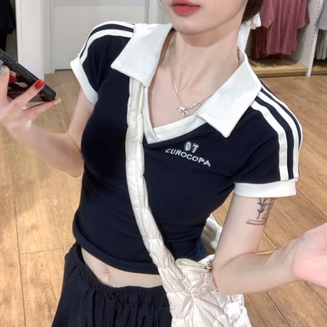Tシャツ Vネック 袖ライン ポロカラー スリムフィット へそ出し ポロシャツ 半袖 レトロ 韓国ファッション レディース 大人可愛い ガーリー DTCA-959964838030
